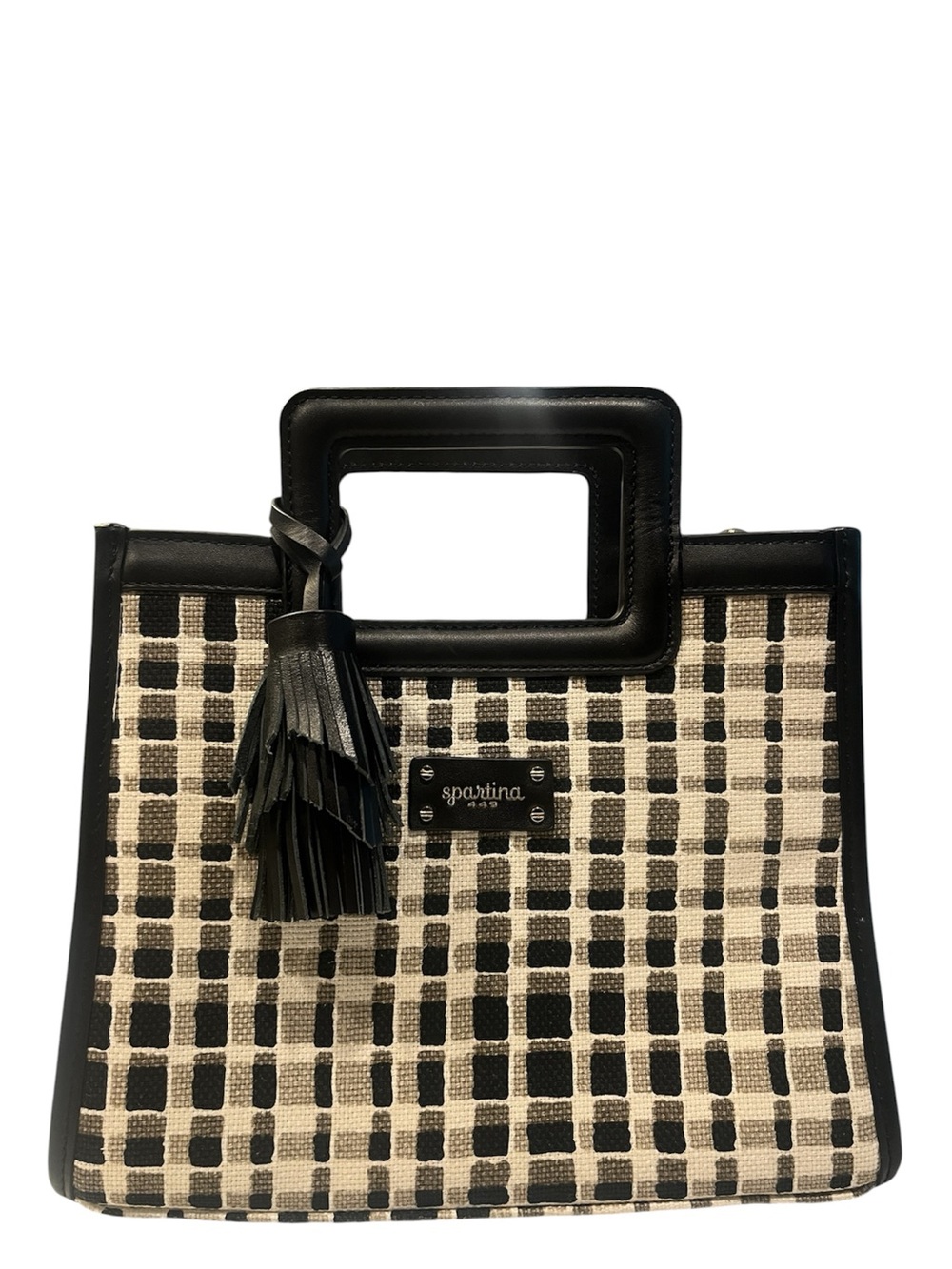 Spartina 449 Black and Cream Woven Square-Handle Tote with Tassel